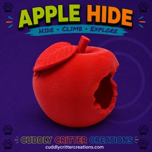May include: A bright red apple-shaped hideout with a leaf on top and a large opening on the side. The text reads APPLE HIDE, HIDE CLIMB EXPLORE, and CUDDLY CRITTER CREATIONS with the website address cuddlycrittercreations.com on a dark purple background.