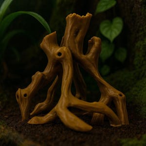 Puede incluir: Estructura detallada de raíces de árbol artificiales de color marrón, probablemente para la decoración de terrarios o acuarios. El sistema de raíces tiene múltiples ramas y agujeros, con una apariencia naturalista. El fondo presenta plantas verdes y musgo.
