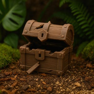 May include: A small, open, brown wooden treasure chest with a broken lid and keyhole. The chest is set on a bed of soil and surrounded by green foliage, suggesting a hidden location.