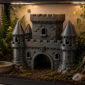Può includere: Un castello grigio in miniatura con torrette e un ingresso ad arco. Il castello ha una superficie strutturata ed è circondato da vegetazione, creando un tema medievale. Il castello è progettato per un terrario o acquario.