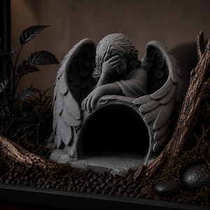 May include: A gray angel statue with large feathered wings, covering its face with one hand. The statue is set within a dark, enclosed space, surrounded by dark foliage and a piece of driftwood. The statue has a distressed, weathered appearance.