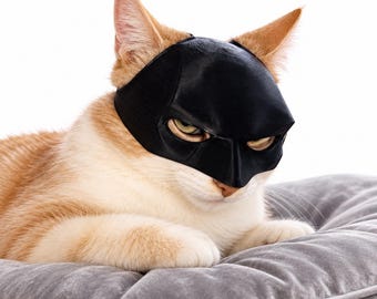 May include: A ginger and white cat wearing a black mask that covers the upper portion of its face, including the forehead and eye area, with pointed ear coverings and a central nose bridge section, resting on a soft gray cushion.