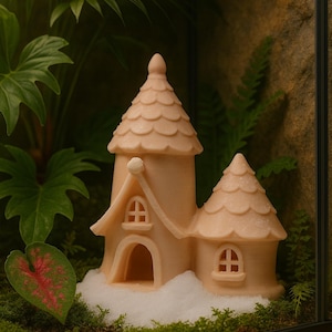 Op de afbeelding: Een miniatuur perzikroze feeënhuisje met twee verbonden structuren, elk bekroond met een geschulpte dak. Het huis heeft gewelfde deuren en ramen. Het staat in een terrarium met groen mos, planten en een blad met rode aderen.
