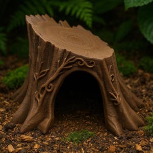 Può includere: Un ceppo d'albero marrone in miniatura con un centro scavato, perfetto per un giardino delle fate. Il ceppo presenta una texture della corteccia dettagliata, anelli concentrici sulla parte superiore e viti decorative. Il ceppo d'albero in miniatura è circondato da muschio e terra.