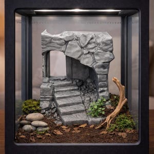 Puede incluir: Una estructura de piedra gris en miniatura con una escalera, un arco y paredes texturizadas, colocada dentro de una vitrina negra. La escena incluye pequeñas plantas, rocas y un trozo de madera flotante, creando un efecto de diorama. La vitrina está iluminada.