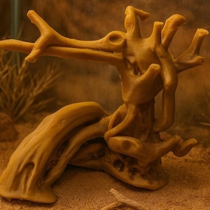 May include: A tan-coloured abstract sculpture, possibly representing a tree or plant. The artwork has multiple branches and a textured surface, giving it a natural appearance. The sculpture is set against a blurred, neutral background.