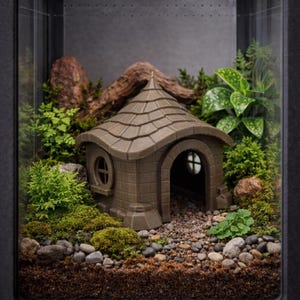 Puede incluir: Un terrario en miniatura con una pequeña casa marrón con forma de piedra, una puerta arqueada y una ventana redonda. La casa está rodeada de plantas verdes, musgo, pequeñas rocas y madera flotante, creando una escena natural.