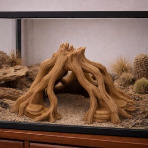 Può includere: Decorazione per acquario in resina marrone che raffigura un ceppo d'albero invecchiato con molteplici arcate e strutture simili a radici. L'ornamento è posto in un acquario di vetro con sabbia e piante desertiche.