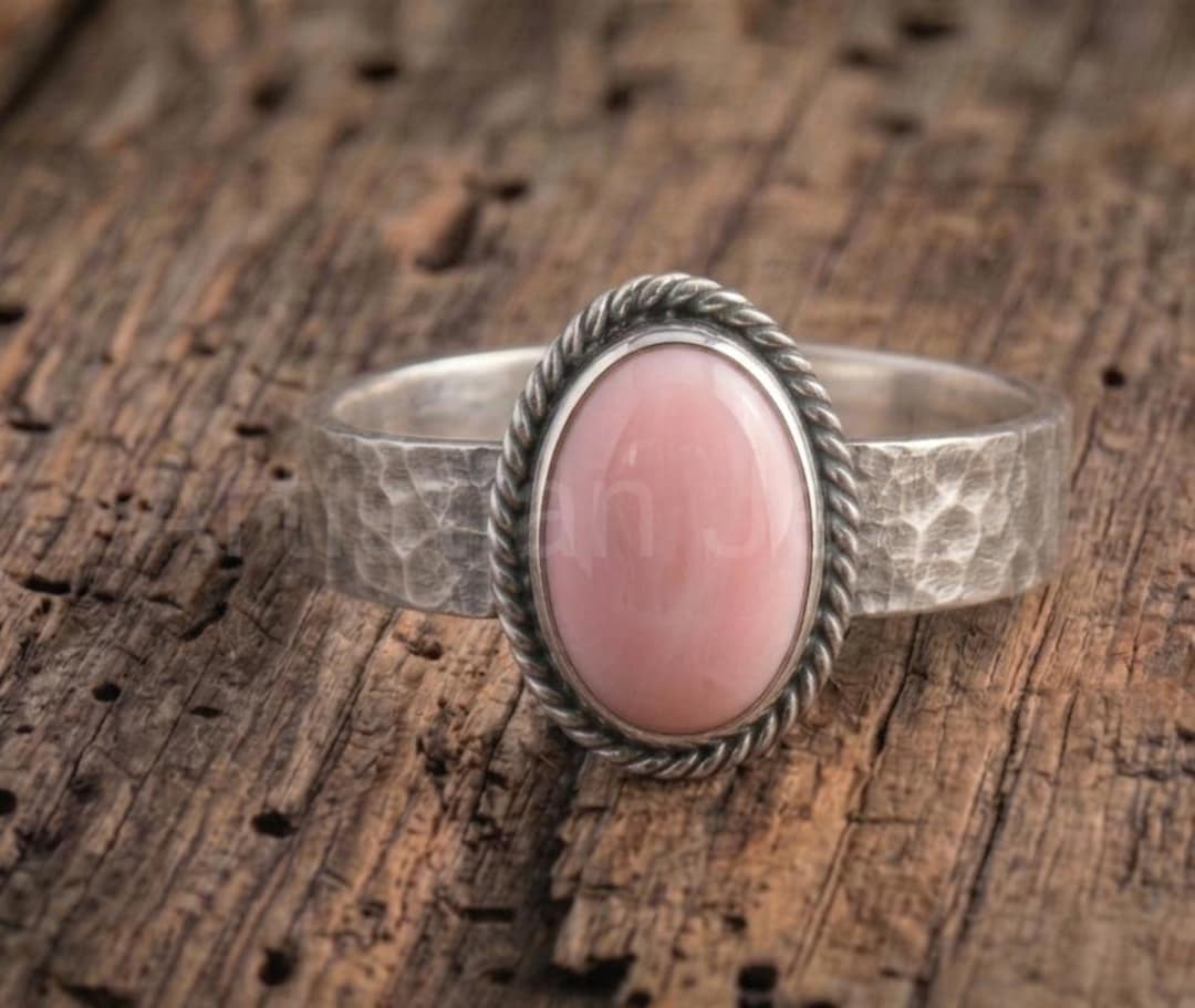 Handcrafted Pink Conch Shell Ring, Hammered Sterling Silver Band German ...