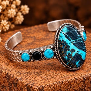 Blackjack Turquoise Unisex Cuff, Natural Turquoise and Onyx Southwestern Bangle