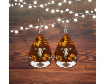 Western Design Bull Head Sunflower Earrings