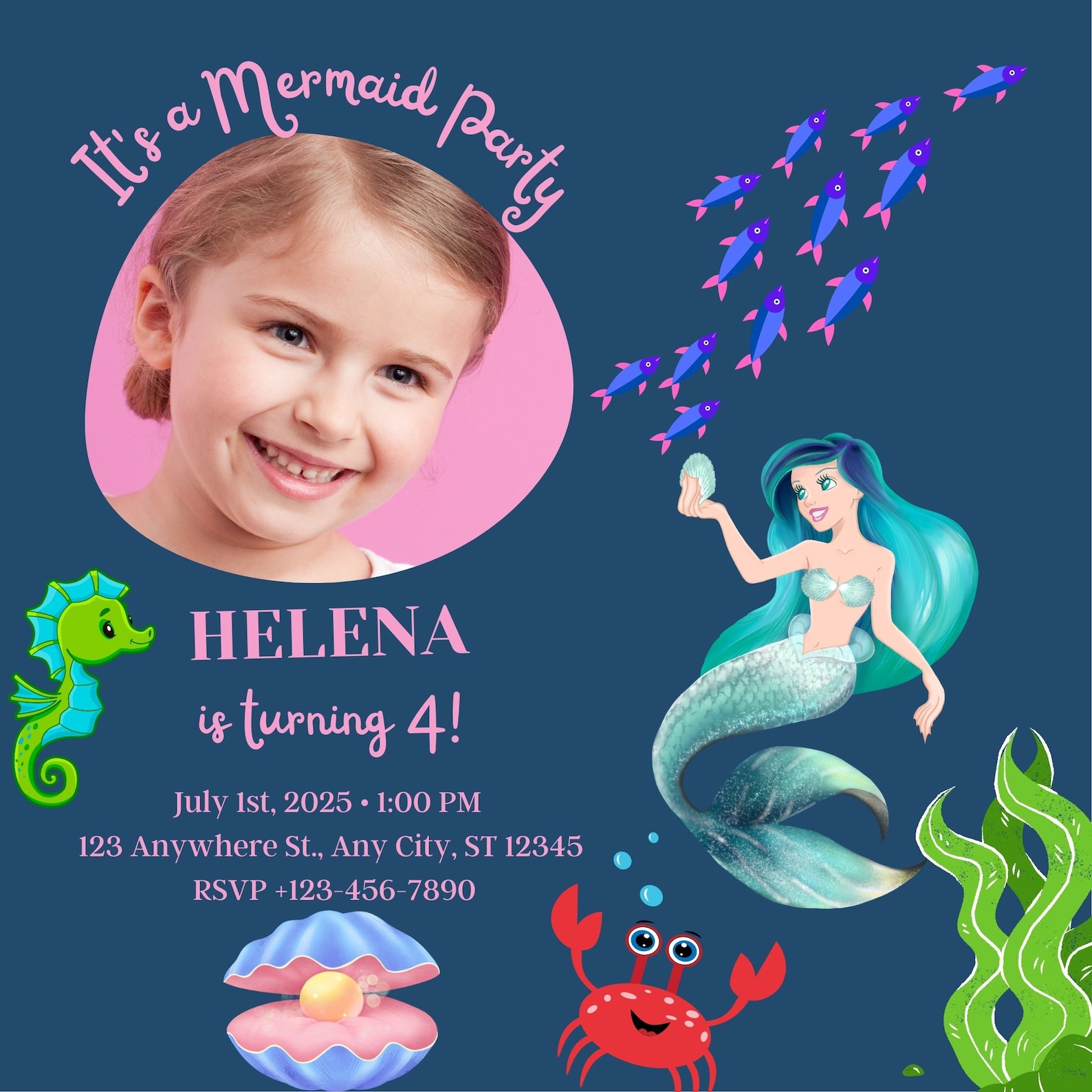 Mermaid Birthday Invitation Under the Sea Birthday Canva Edit Etsy