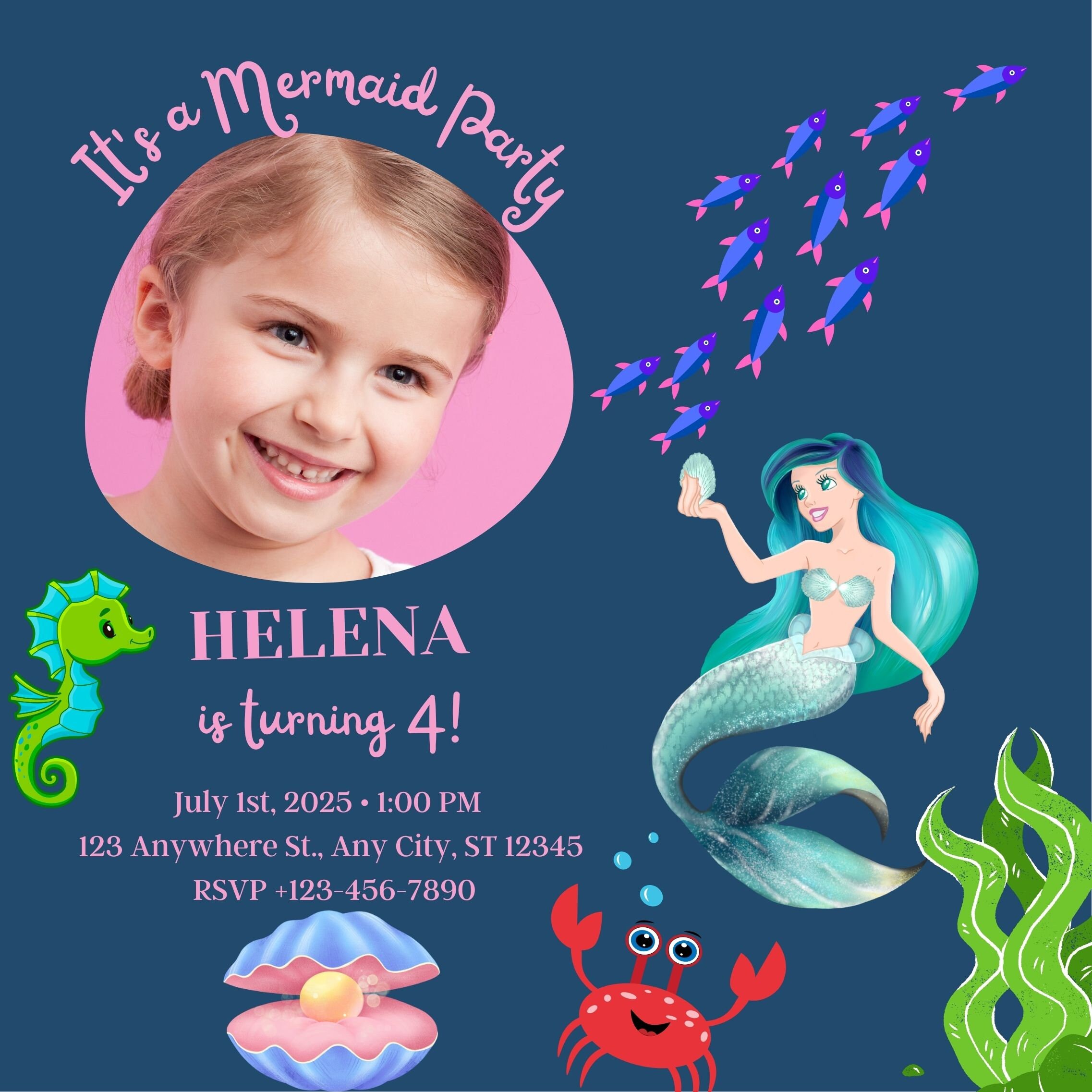 Mermaid Birthday Invitation Under the Sea Birthday Canva Edit Party