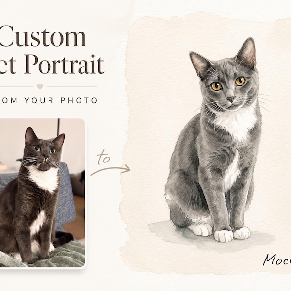 カスタムペット肖像画、水彩猫肖像画、パーソナライズされたペットメモリアルギフト、写真からのペット絵画、猫好きへのギフト、パーソナライズされた猫アート