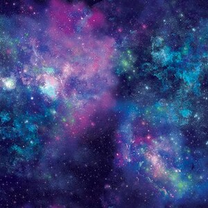 May include: A digital illustration of a galaxy with swirling clouds of blue, purple, and pink. The background is a dark blue with scattered white stars.