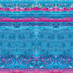 May include: Abstract pattern with a blue, teal, and pink color scheme. The pattern is symmetrical and features a repeating design of geometric shapes and lines.