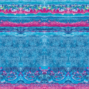 May include: Abstract pattern with a blue, teal, and pink color scheme. The pattern is symmetrical and features a repeating design of leaves and flowers.