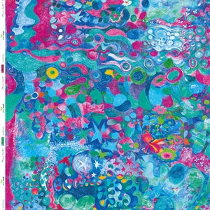 May include: Abstract art print featuring a colorful, swirling pattern of blue, green, pink, and yellow. The design includes stars, circles, and other geometric shapes.