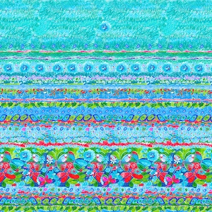 May include: A colorful fabric with a repeating pattern of stripes and flowers. The fabric is a mix of blue, green, red, pink, and white.