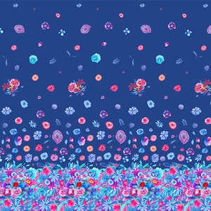 May include: A seamless pattern featuring a gradient of blue, pink, and white flowers on a dark blue background. The flowers are arranged in a repeating pattern, creating a whimsical and cheerful design.