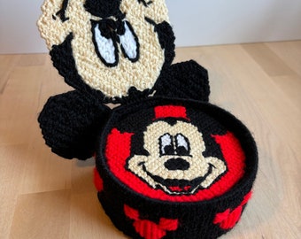 Adorable Vintage Handmade Needlework Cross Stitch Disney Mickey Mouse and Friends Yarn Coaster & Storage Set