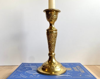 Gorgeous Vintage Tall Solid Brass Tapered Candlestick Holder - Carved Baroque Floral Grape Vine Design