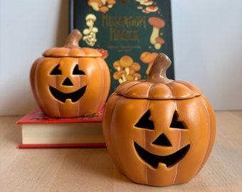 Adorable Vintage Partylite Spooky Halloween Jack-o-Lantern Calabaza Portavelas Votiva Juego de tarros de luz de té
