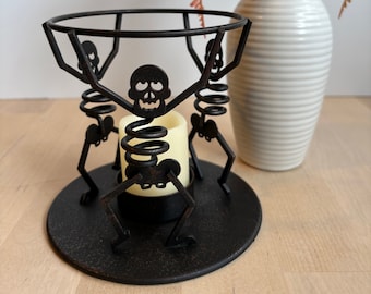 Retro Partylite Spooky Fun Dancing Skeleton Circle Halloween Portavelas de hierro - Votiva de luz de té vintage