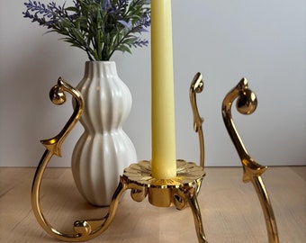 Vintage Partylite Golden Brass Hurricane Lamp Taper Candlestick Holder - 3 Leg Baroque Victorian Filigree Floral Design- Dark Academia Style
