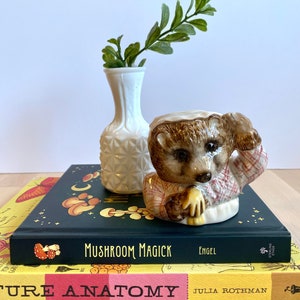 May include: Two books stacked on top of each other. The top book is dark green with the title "Mushroom Magick" by Engel. The bottom book is yellow with the title "Nature Anatomy" by Julia Rothman. A white ceramic vase with a green plant and a ceramic bear figurine are on top of the books.