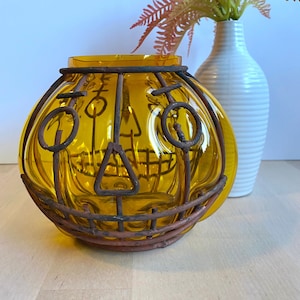 Vintage Creepy Kitschy Scary Spooky Orange Blown Bubble Glass Wrought Iron Jack-o-Lantern Pumpkin Candle Votive Holder Vigil Lantern
