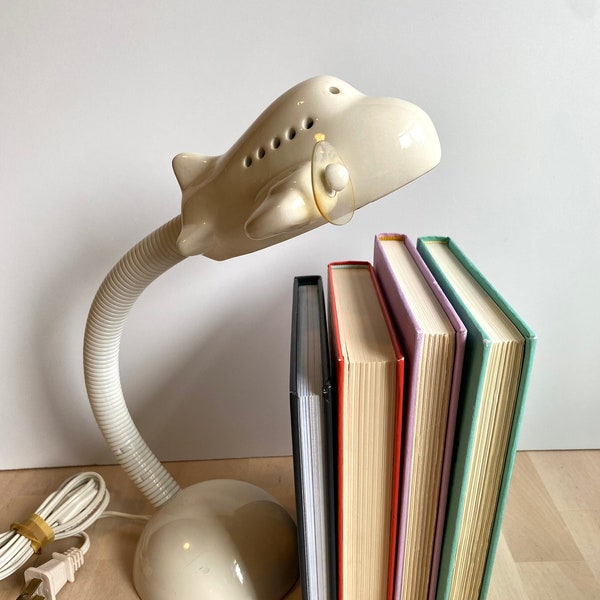 Retro 80s Eggshell Off-White Ceramic Airplane Gooseneck Adjustable Desk Lamp - Nursery, Kids Room Light