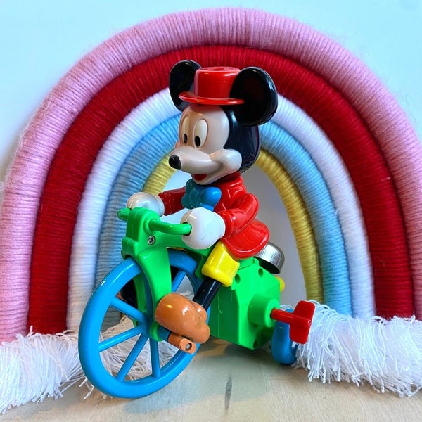 Vintage 1970s Walt Disney Mickey Mouse Riding a Tricycle Musical Wind-Up Bell Illco Collectible School Toy