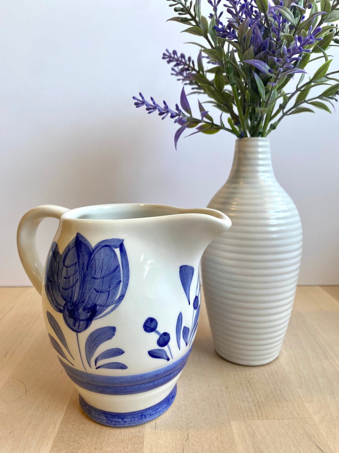 Crate & Barrel Blue and White Creamer Pitcher W/ Folk Art Flowers