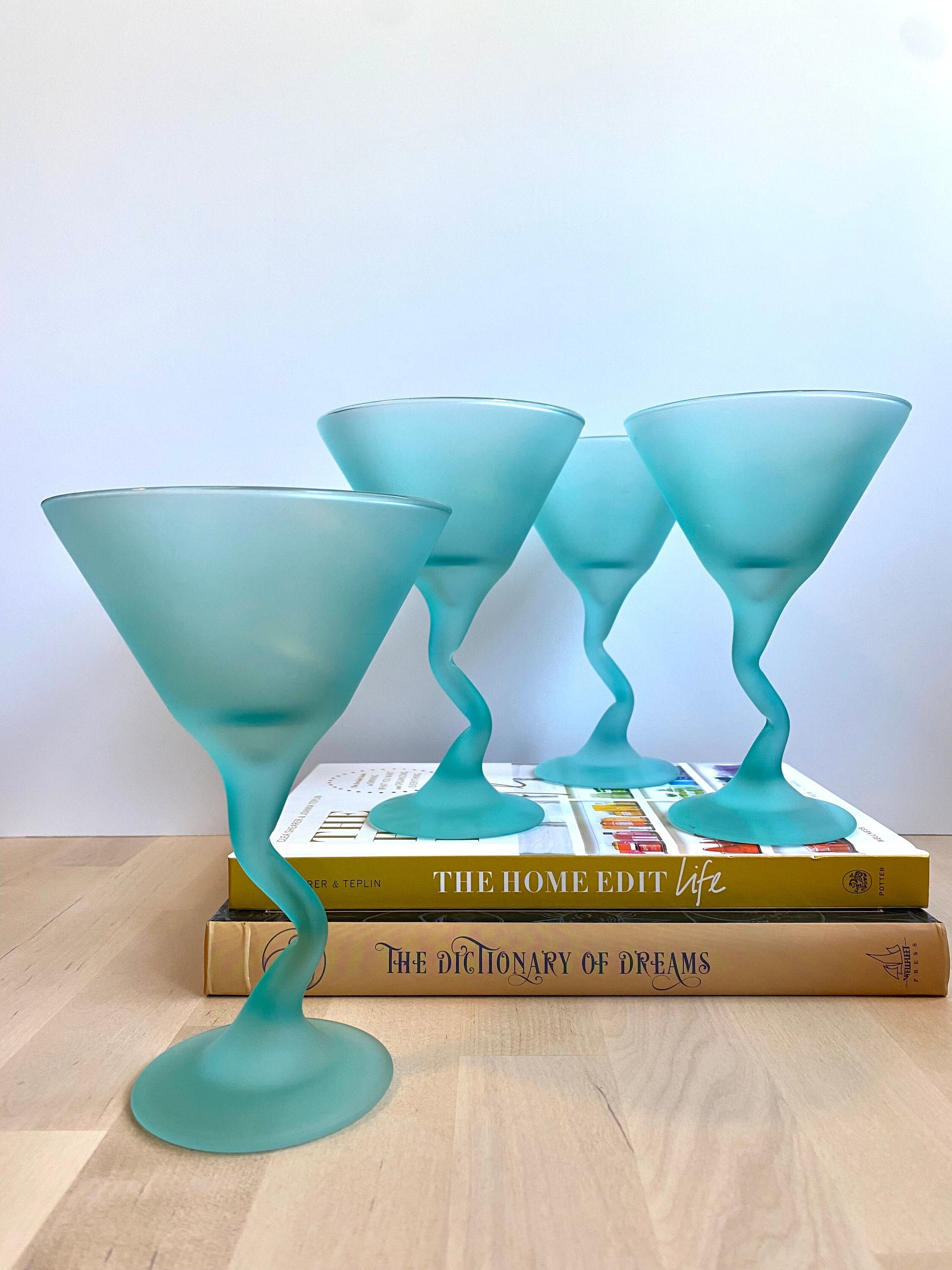 Funky & Fun Martini Glasses Twisted Wavy Zig Zag Blue Stem 7.75” 8 Oz Set  Of 2