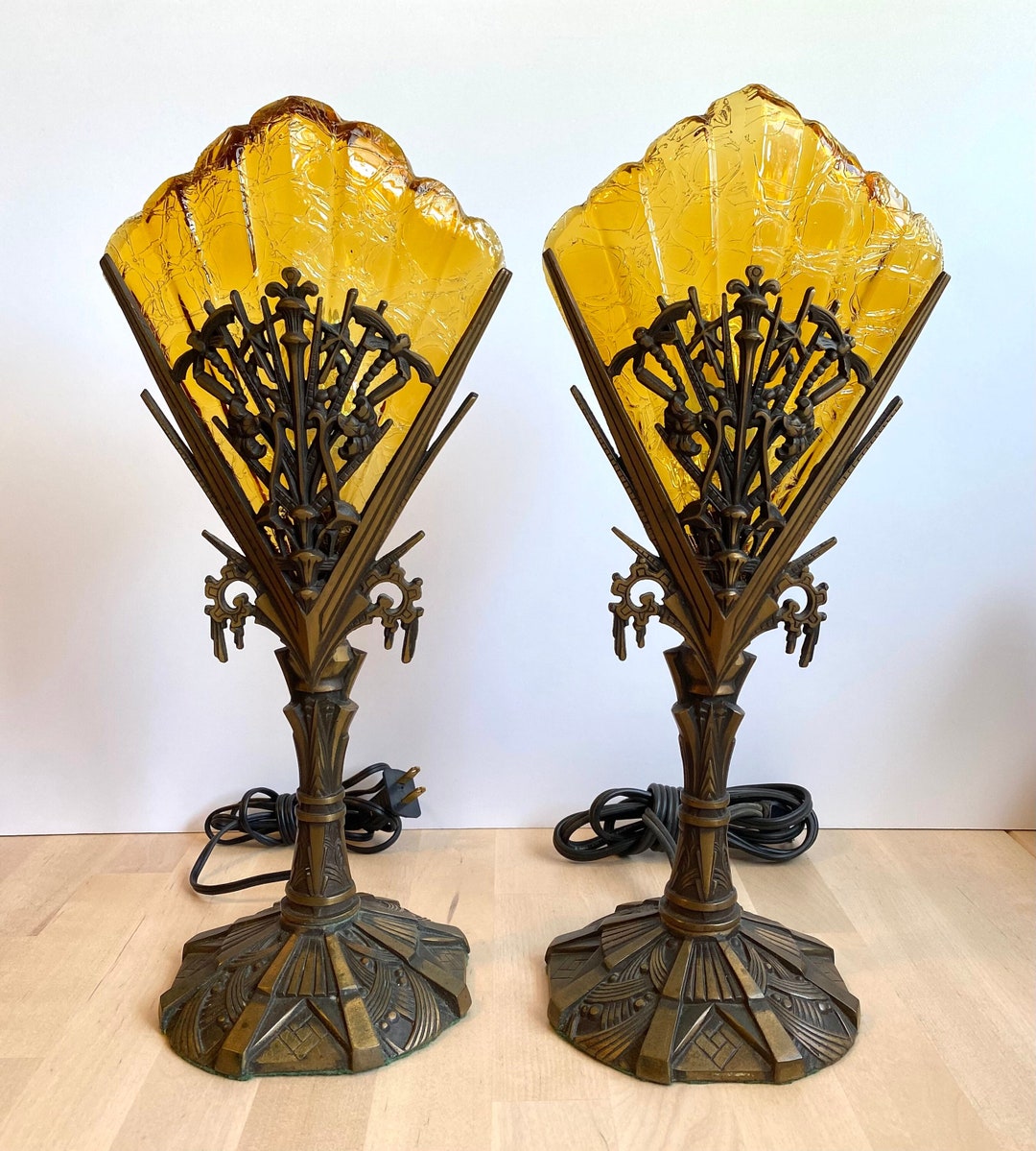 Pair of 1920s Art Deco Bronze Dragonfly Lamps W/ Honey Amber Colored