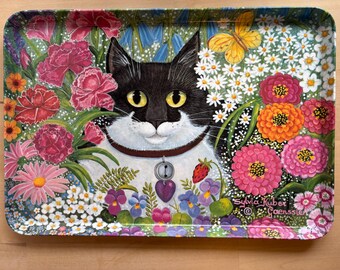 Sylvia Huber Gaenssien Italian Melamine Decorative Tray - Black & White Cat in Colorful Flower Garden Design