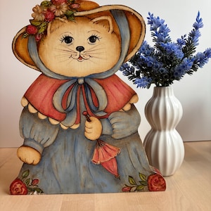 Adorable Vintage Handpainted Victorian Lady Kitty Cat Wood Cutout Wall Hanging Art - Kitschy Coquette Farmhouse Home Decor