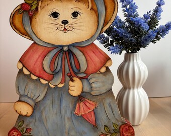 Adorable Vintage Handpainted Victorian Lady Kitty Cat Wood Cutout Wall Hanging Art - Kitschy Coquette Farmhouse Home Decor