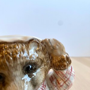 May include: Close-up of a ceramic bear figurine wearing a red and white checked shirt. The bear has brown fur and a white muzzle. The figurine is glazed and has a shiny finish.