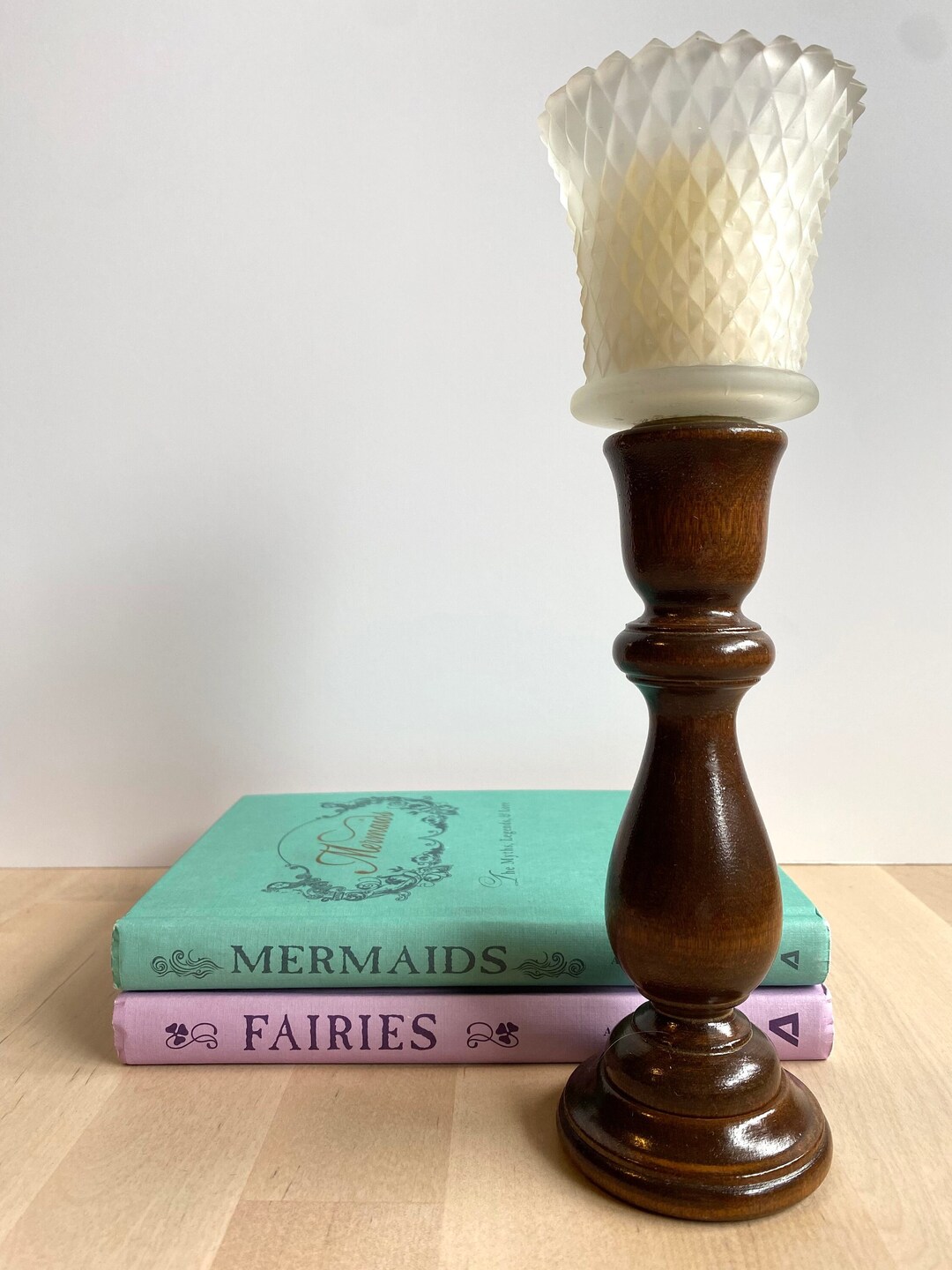 Vintage Midcentury Modern Turned Wood Candlestick With Frosted Diamond