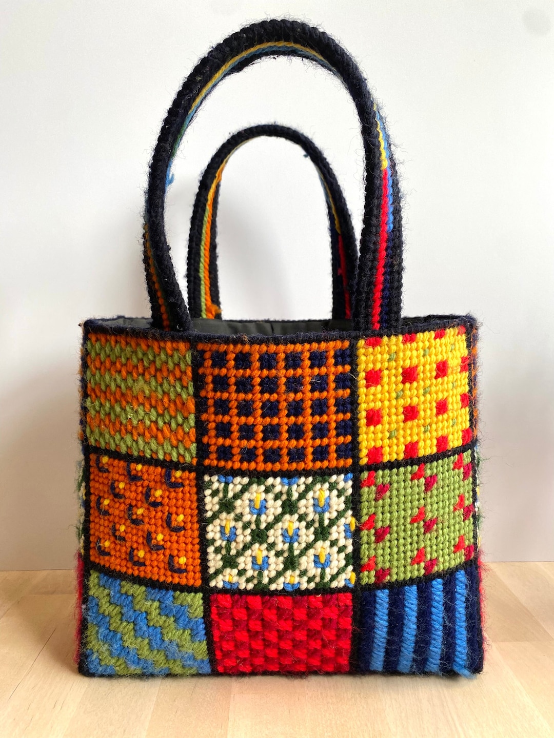 Retro 70s Handmade Patchwork Kitschy Needlepoint Cross Stitch Tote