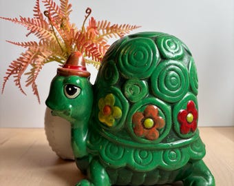 Vintage Anthropomorphic 60s Flower Power Ceramic Turtle in a Top Hat Coin Bank - Kitschy Maximalist Home Decor