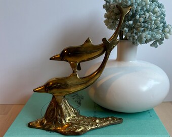 Vintage Brass Sculpture w/ Pair of Swimming Dolphins - Mid-Century Modern Ocean Creature Brassware - Eclectic Bohemian Decor