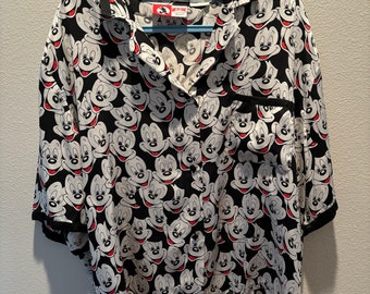 Rare 80s Vintage 100% Silk Disney Mickey Mouse Pajama Blouse Top - Size M