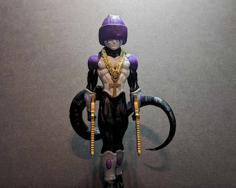 May include: A purple and black action figure with a gold chain and a purple beanie. The figure is holding two gold swords and has a black tail.