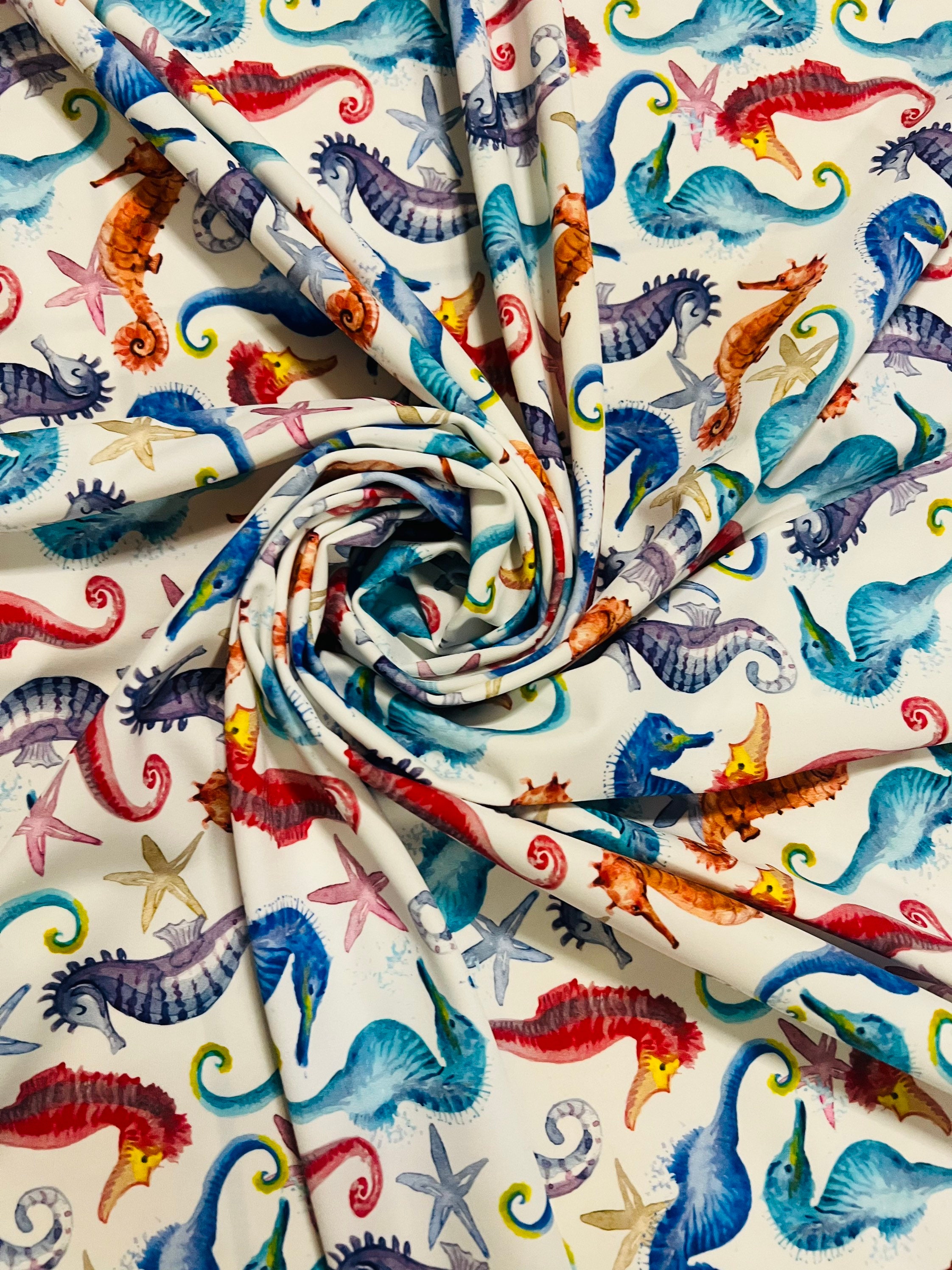 Sea horse colorful design print on the best quality of nylon spandex4-way stretch 58/60”sold by the YD.Ships worldwide from Los Angeles CA.