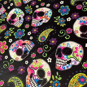 Colorful Sugar Skulls pattern design print on nylon spandex