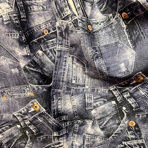 New Jeans pattern design print on nylon spandex 4-way stretch 58/60”Sold by the yard.Ships worldwide from Los Angeles California USA.