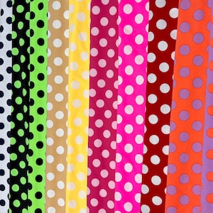 May include: A collection of colorful fabrics with a polka dot pattern. The fabrics are arranged vertically, showcasing a variety of colors including black, white, green, tan, yellow, pink, red, orange, and purple. Each fabric has white polka dots.